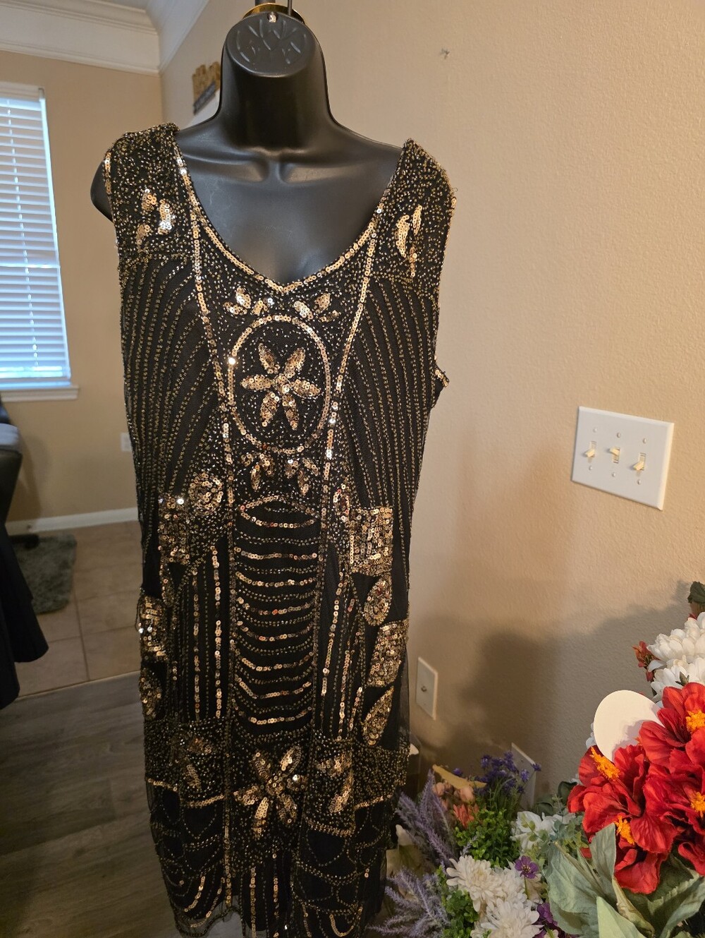 Black and Gold Beaded Sleeveless Midi Dress
